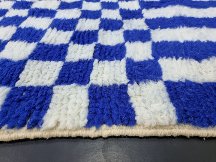 Gorgeous Beni Ourain Rug, Striped Checkered Rug, Moroccan White and Blue Carpet, Handmade Authentic Rug, Sheep Wool Rug, Tribal Berber Rug.