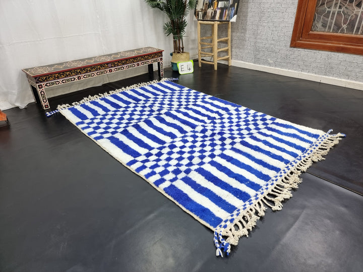 Gorgeous Beni Ourain Rug, Striped Checkered Rug, Moroccan White and Blue Carpet, Handmade Authentic Rug, Sheep Wool Rug, Tribal Berber Rug.