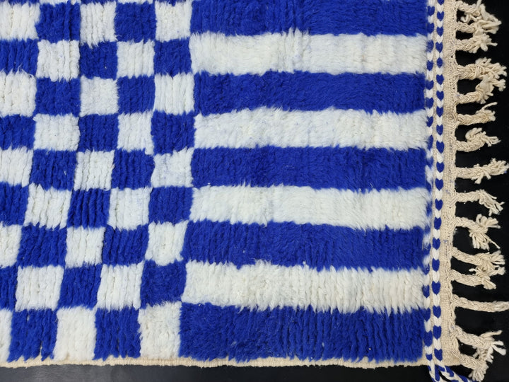 Gorgeous Beni Ourain Rug, Striped Checkered Rug, Moroccan White and Blue Carpet, Handmade Authentic Rug, Sheep Wool Rug, Tribal Berber Rug.