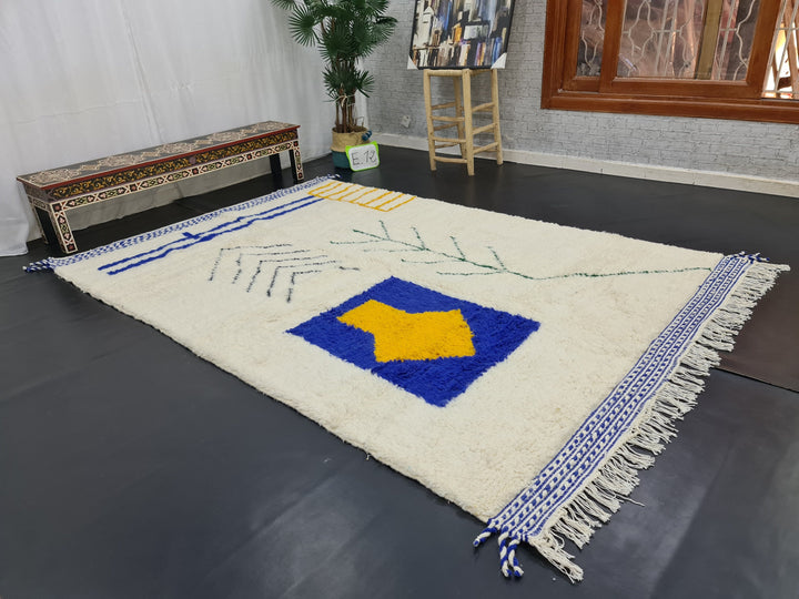 Stunning Beni Ourain Rug, Moroccan Handmade Rug, Sheep Wool Rug, Tribal Abstract Rug, Moroccan Berber Carpet, White And Blue Rug, Azilal Rug