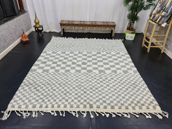 Amazing Beni Ouarain Carpet, Moroccan Handmade Rug, White And Gray Rug, Tribal Checkered Rug, Handmade Wool Carpet, Azilal Checker Rug.