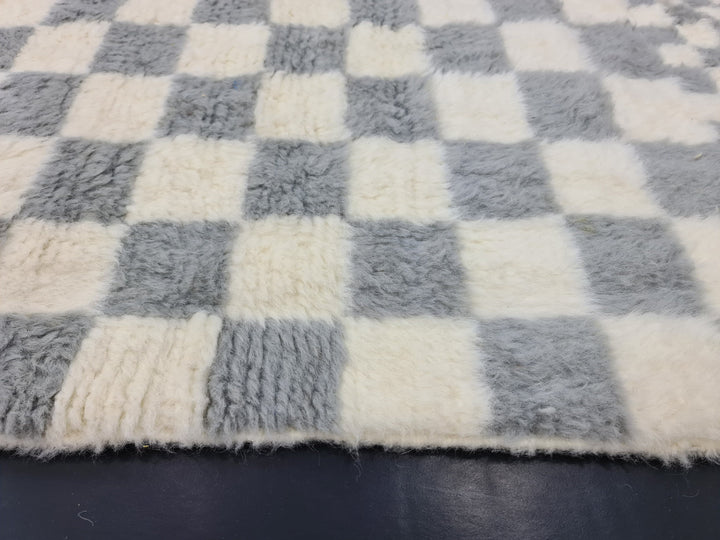 Amazing Beni Ouarain Carpet, Moroccan Handmade Rug, White And Gray Rug, Tribal Checkered Rug, Handmade Wool Carpet, Azilal Checker Rug.