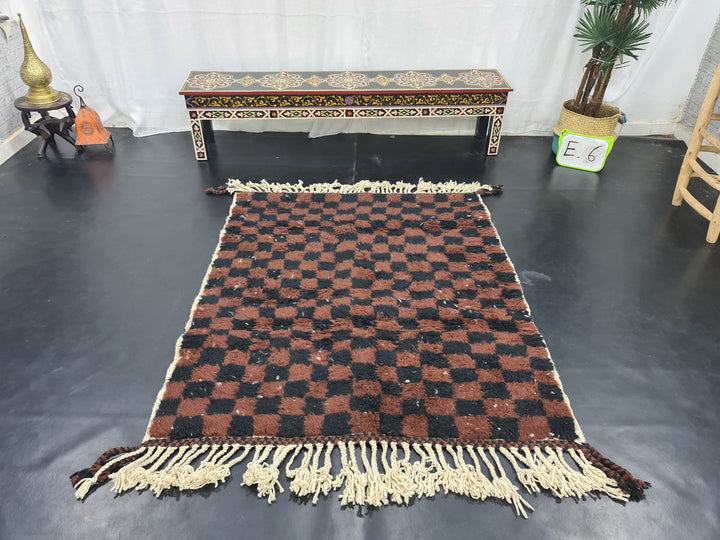 Handmade Beni Ourain Rug, Moroccan Wool Carpet, CheckeredRug, Black And Brow Rug, Moroccan Berber Rug, Handmade Wool Carpet, Azilal Rug.