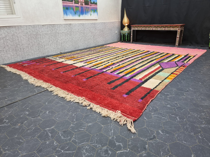 Stunning Boujad Rug, Moroccan Handmade Rug, Abstract Handmade Wool Rug, Moroccan Berber Rug, Colorful Wool Rug, Striped Bohemian Carpet.