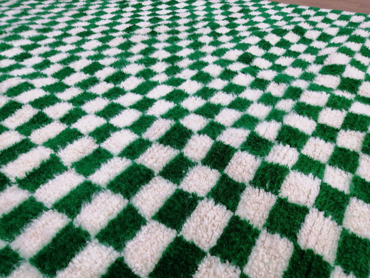 Large Green and white checkered rug, Moroccan Berber checkered rug, Checkered area rug Checkerboard Rug beniourain rug