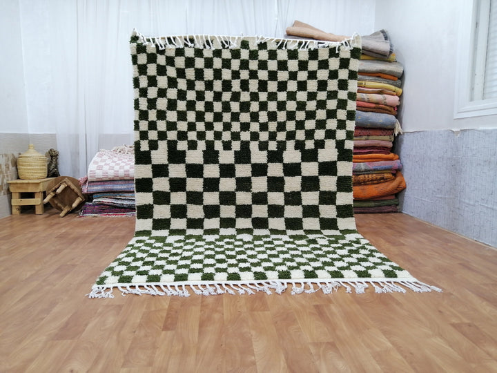 Olive Green and white checkered rug, Moroccan Berber checkered rug, Checkerboard Runner, Living Room Decor, Tribal Area Rug, Tribal Area Rug