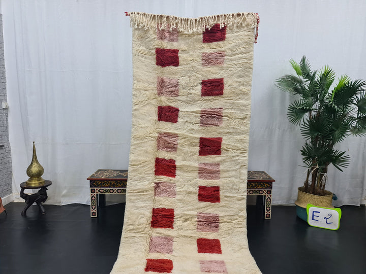 Gorgeous Mrirt Runner Rug, Handmade Checkered Rug, White And Red Runner Rug, Moroccan Berber Rug, Sheep Wool Rug, Hight Quality Wool Carpet.