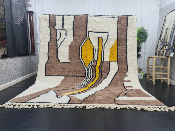 Authentic Beni Ourain Rug, Moroccan Handmade Rug, Berber Rug, Abstract Beniourain Rug, Sheep Wool rug, White And Brown Rug, Tapis marocain.