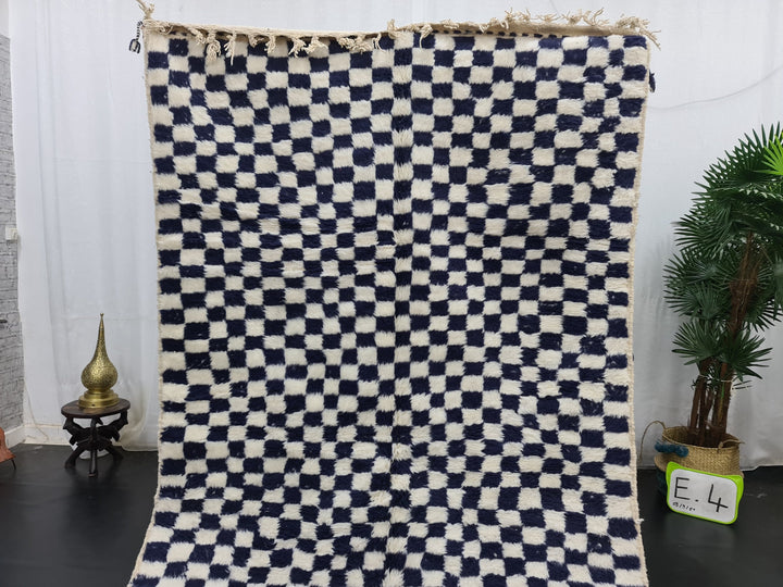 Amazing Beni Ourain CarpetMoroccan Handmade RugSheep Wool RugCheckered RugHandmade Wool CarpetWhite And Dark Blue RugAzilal Check Rug