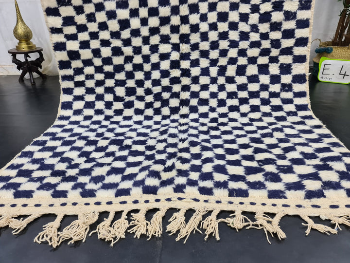 Amazing Beni Ourain CarpetMoroccan Handmade RugSheep Wool RugCheckered RugHandmade Wool CarpetWhite And Dark Blue RugAzilal Check Rug