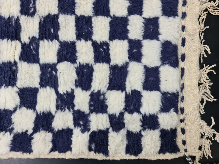 Amazing Beni Ourain CarpetMoroccan Handmade RugSheep Wool RugCheckered RugHandmade Wool CarpetWhite And Dark Blue RugAzilal Check Rug