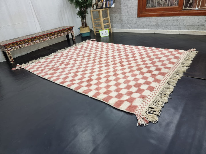 Stunning Beni Ourain RugMoroccan Handmade CarpetWhite and Salmon Pink RugChecker RugAzilal Handmade Wool RugCheckered Berber Carpet.