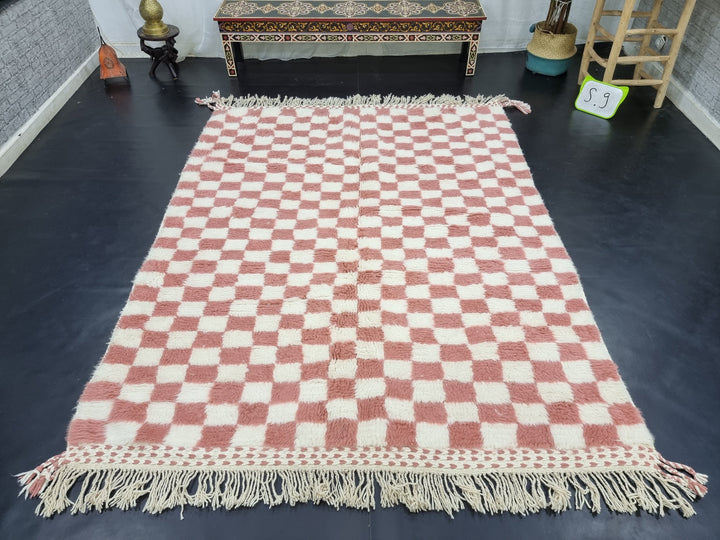 Stunning Beni Ourain RugMoroccan Handmade CarpetWhite and Salmon Pink RugChecker RugAzilal Handmade Wool RugCheckered Berber Carpet.