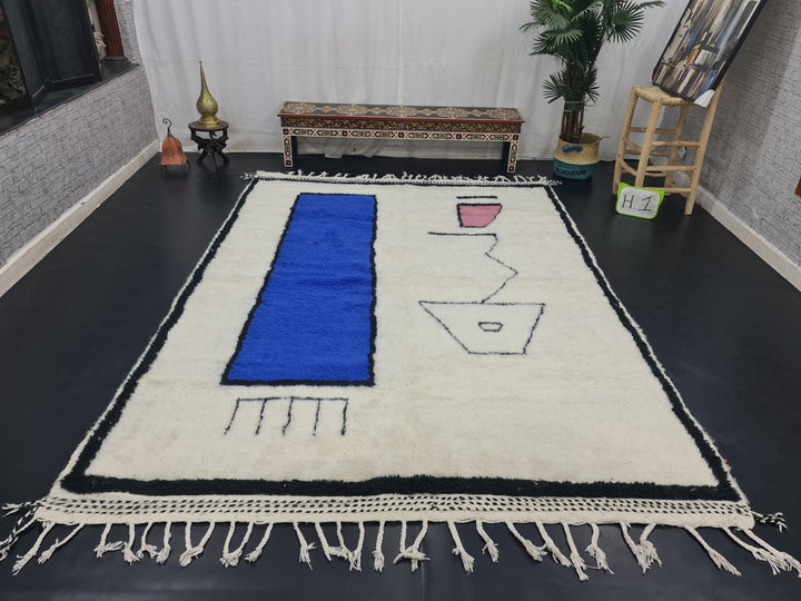 Beautiful Moroccan Rug, Berber Beni Ourain Rug, Handmade Rug, Moroccan White And Blue Rug, Berber Rug, Sheep Wool Rug, Abstract Handmade Rug