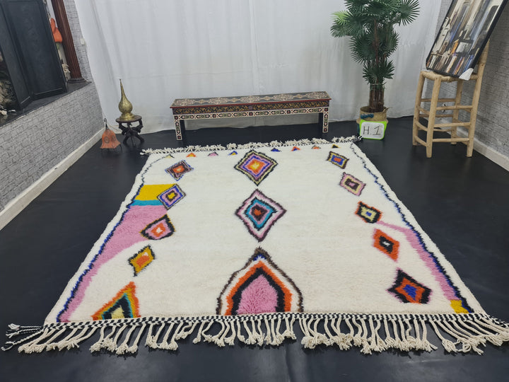 Beautiful Moroccan Rug, Vibrant Beni Ourain Rug, Handmade Rug,Handmade Moroccan Rug, Azilal Rug, Berber Rug, Colorful Rug, Sheep Wool Rug.