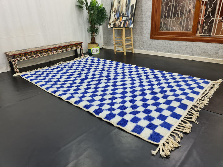 Amazing Beni Ourain Rug, Checkered Rug, Moroccan White And Blue Rug, Handmade Wool Carpet, Sheep Wool Rug, Moroccan Berber Rug, Azilal Rug.