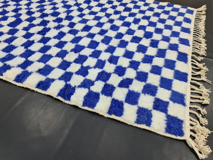 Amazing Beni Ourain Rug, Checkered Rug, Moroccan White And Blue Rug, Handmade Wool Carpet, Sheep Wool Rug, Moroccan Berber Rug, Azilal Rug.