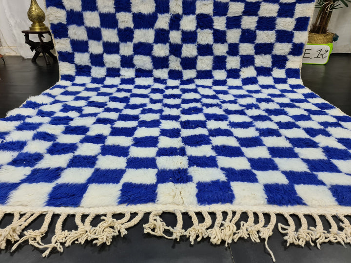 Amazing Beni Ourain Rug, Checkered Rug, Moroccan White And Blue Rug, Handmade Wool Carpet, Sheep Wool Rug, Moroccan Berber Rug, Azilal Rug.