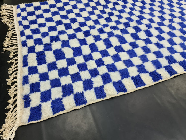 Amazing Beni Ourain Rug, Checkered Rug, Moroccan White And Blue Rug, Handmade Wool Carpet, Sheep Wool Rug, Moroccan Berber Rug, Azilal Rug.