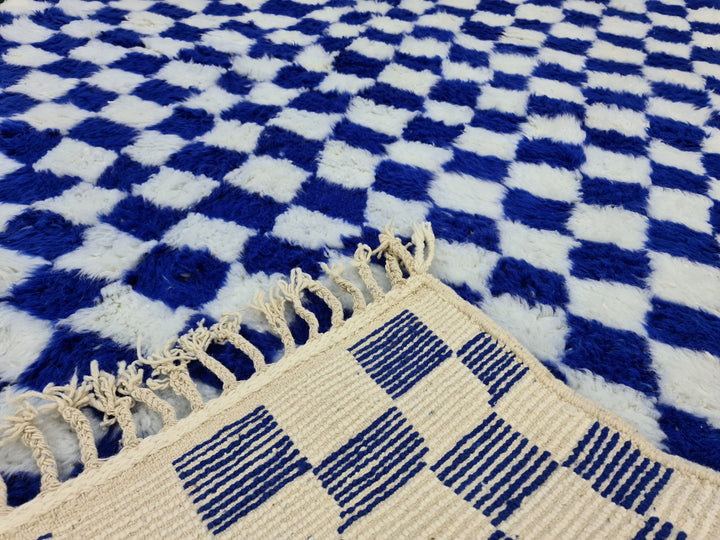 Amazing Beni Ourain Rug, Checkered Rug, Moroccan White And Blue Rug, Handmade Wool Carpet, Sheep Wool Rug, Moroccan Berber Rug, Azilal Rug.