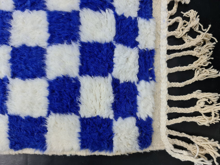 Amazing Beni Ourain Rug, Checkered Rug, Moroccan White And Blue Rug, Handmade Wool Carpet, Sheep Wool Rug, Moroccan Berber Rug, Azilal Rug.