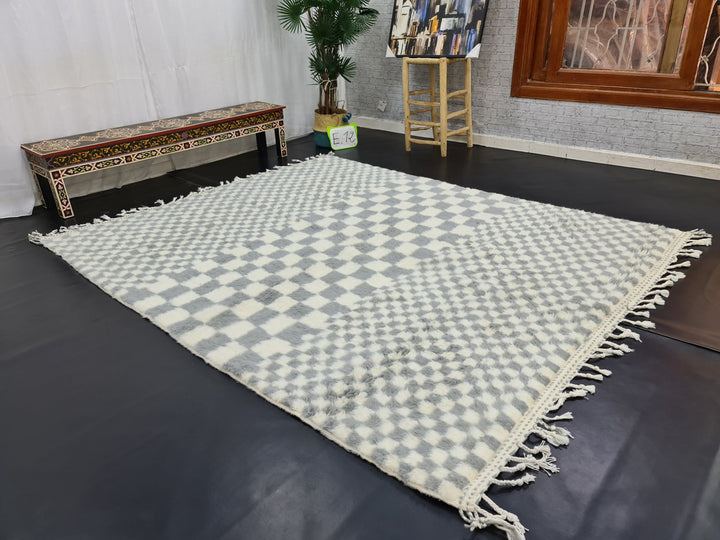 Amazing Beni Ouarain Carpet, Moroccan Handmade Rug, White And Gray Rug, Tribal Checkered Rug, Handmade Wool Carpet, Azilal Checker Rug.