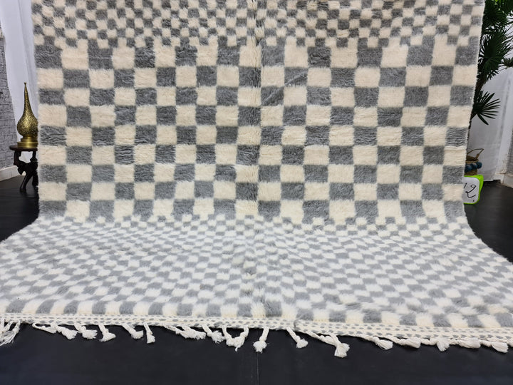 Amazing Beni Ouarain Carpet, Moroccan Handmade Rug, White And Gray Rug, Tribal Checkered Rug, Handmade Wool Carpet, Azilal Checker Rug.