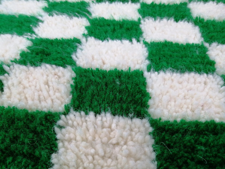 Large Green and white checkered rug, Moroccan Berber checkered rug, Checkered area rug Checkerboard Rug beniourain rug