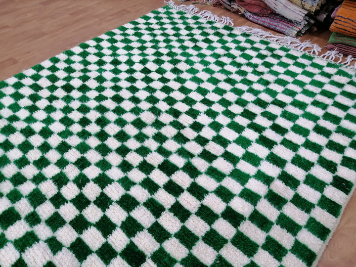 Large Green and white checkered rug, Moroccan Berber checkered rug, Checkered area rug Checkerboard Rug beniourain rug