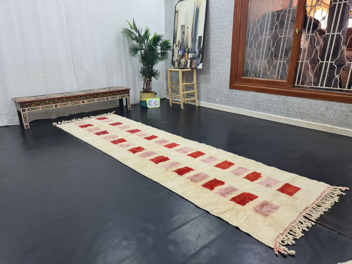 Gorgeous Mrirt Runner Rug, Handmade Checkered Rug, White And Red Runner Rug, Moroccan Berber Rug, Sheep Wool Rug, Hight Quality Wool Carpet.