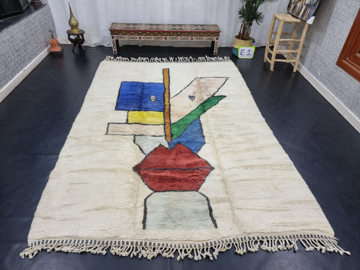 Artistic Mrirt Rug, Handmade Moroccan Rug, Sheep Wool Rug, Azilal Rug, Abstract Carpet, Ivory White And Blue Wool Rug, High Quality Wool Rug