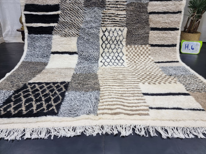 Unique Moroccan Rug, White, Black and Grey Rug, Beni Ourain Rug, Handmade Wool, Plush Berber Rug, Abstract Wool Rug, Authentic Moroccan Rug.