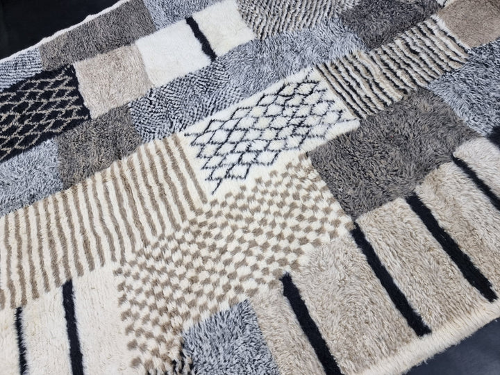 Unique Moroccan Rug, White, Black and Grey Rug, Beni Ourain Rug, Handmade Wool, Plush Berber Rug, Abstract Wool Rug, Authentic Moroccan Rug.