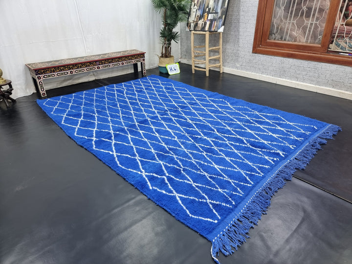 HANDMADE BENIOURAIN RUG, Moroccan Berber Carpet, Azilal Rug, Geometric Rug, Handmade Wool Rug, Royal Blue And White Rug, Handwoven Carpet .