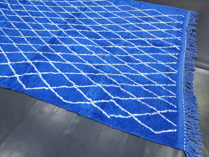 HANDMADE BENIOURAIN RUG, Moroccan Berber Carpet, Azilal Rug, Geometric Rug, Handmade Wool Rug, Royal Blue And White Rug, Handwoven Carpet .