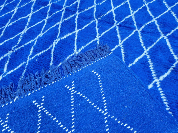 HANDMADE BENIOURAIN RUG, Moroccan Berber Carpet, Azilal Rug, Geometric Rug, Handmade Wool Rug, Royal Blue And White Rug, Handwoven Carpet .