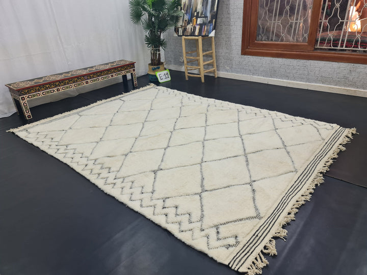 Fabulous Beni Ourain Rug, Moroccan Handmade Carpet, Berber Geometric Rug, Handmade Wool Rug ,Sheep Wool Carpet , White And Black Carpet.