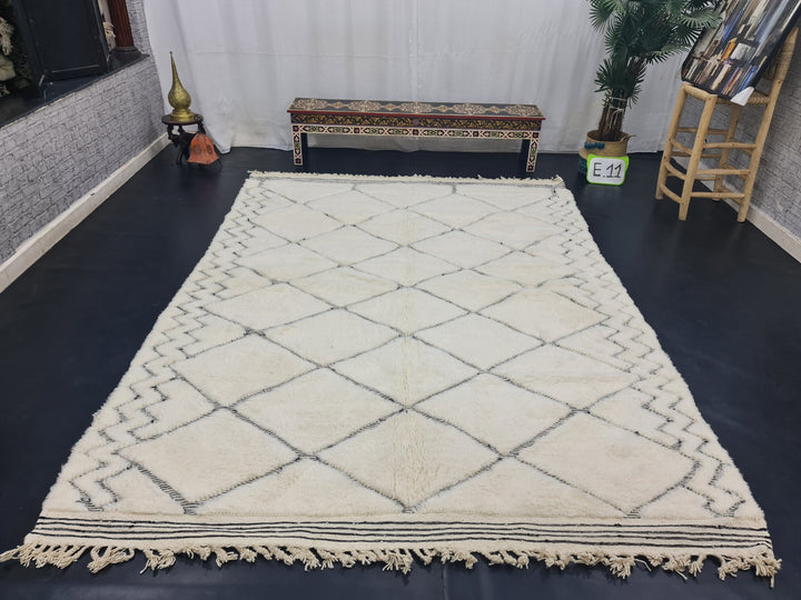 Fabulous Beni Ourain Rug, Moroccan Handmade Carpet, Berber Geometric Rug, Handmade Wool Rug ,Sheep Wool Carpet , White And Black Carpet.