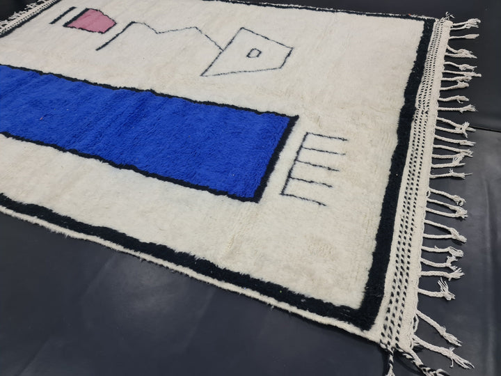 Beautiful Moroccan Rug, Berber Beni Ourain Rug, Handmade Rug, Moroccan White And Blue Rug, Berber Rug, Sheep Wool Rug, Abstract Handmade Rug