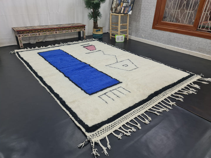 Beautiful Moroccan Rug, Berber Beni Ourain Rug, Handmade Rug, Moroccan White And Blue Rug, Berber Rug, Sheep Wool Rug, Abstract Handmade Rug