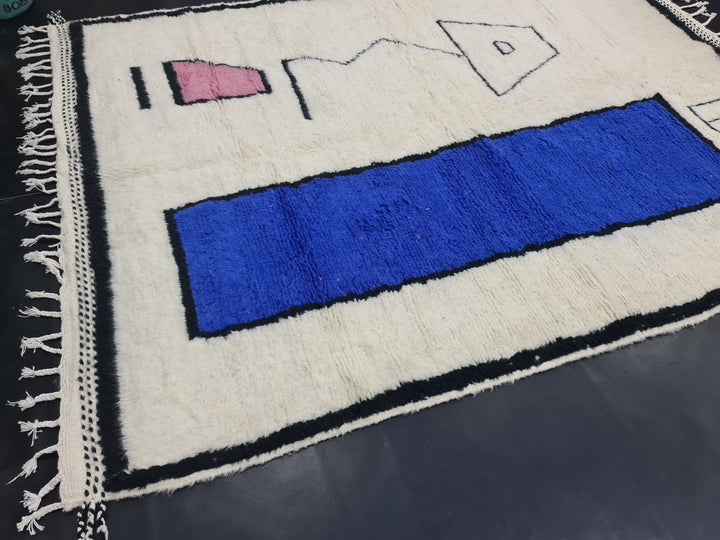 Beautiful Moroccan Rug, Berber Beni Ourain Rug, Handmade Rug, Moroccan White And Blue Rug, Berber Rug, Sheep Wool Rug, Abstract Handmade Rug