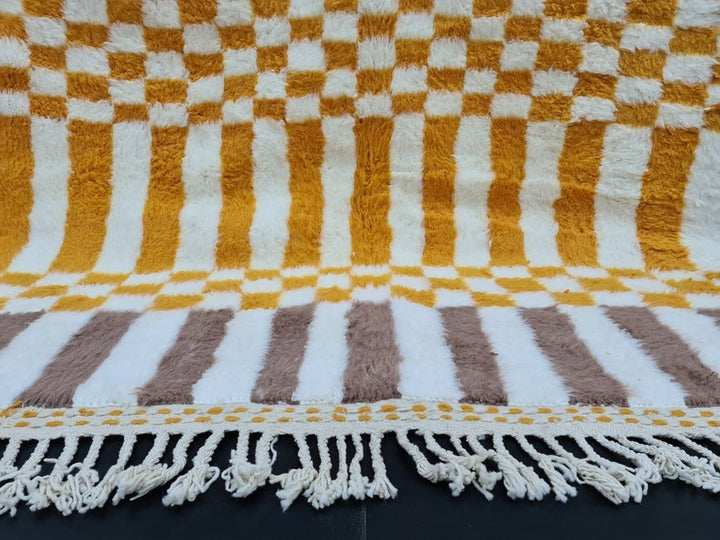 CHECKERED BENIOURAIN RUG, Moroccan Handmade Carpet, Sheep Wool Rug, Berber Rug, Authentic Rug, White, Brown and Yellow Rug, Handwoven Carpet