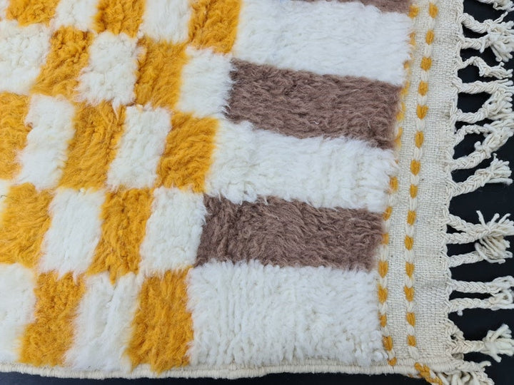 CHECKERED BENIOURAIN RUG, Moroccan Handmade Carpet, Sheep Wool Rug, Berber Rug, Authentic Rug, White, Brown and Yellow Rug, Handwoven Carpet