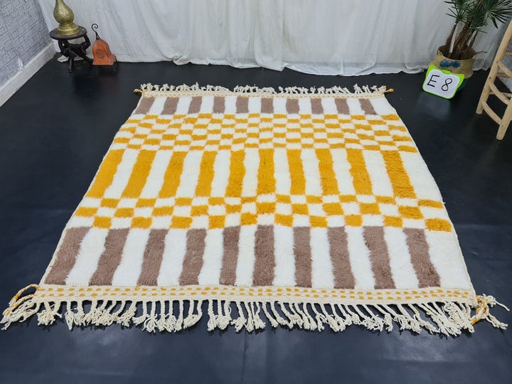 CHECKERED BENIOURAIN RUG, Moroccan Handmade Carpet, Sheep Wool Rug, Berber Rug, Authentic Rug, White, Brown and Yellow Rug, Handwoven Carpet