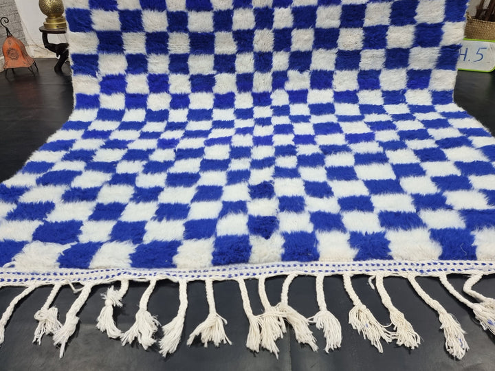 STUNNING BENIOURAUN RUG, Moroccan Rug, Sheep Wool Rug, Checkered Rug, White and Royal Blue Rug, Handmade Rug, Berber Rug, Handwoven Carpet .