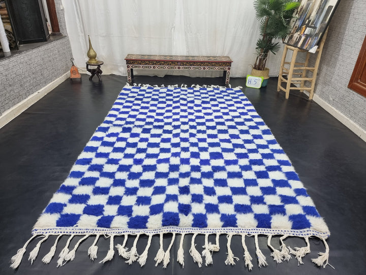 STUNNING BENIOURAUN RUG, Moroccan Rug, Sheep Wool Rug, Checkered Rug, White and Royal Blue Rug, Handmade Rug, Berber Rug, Handwoven Carpet .