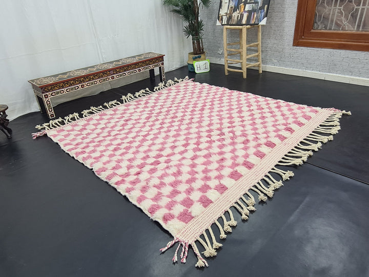 Gorgeous Beni Ourain Rug, Moroccan Handmade Carpet, Pink and White Rug, Sheep WoolRug, Berber Rug, Checkered Rug, Berber Rug, Handmade Rug