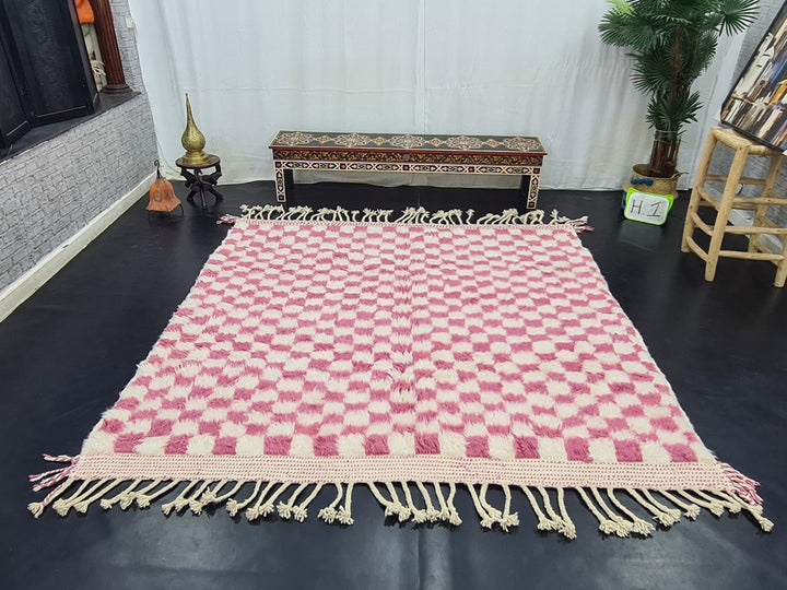 Gorgeous Beni Ourain Rug, Moroccan Handmade Carpet, Pink and White Rug, Sheep WoolRug, Berber Rug, Checkered Rug, Berber Rug, Handmade Rug