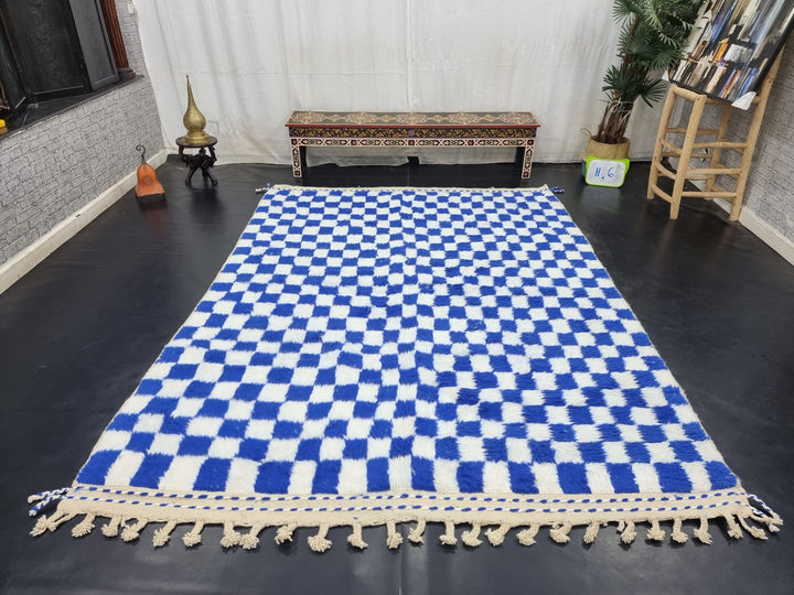 BEAUTIFUL BENIOURAIN RUG, Check Moroccan Rug, Berber Rug, Beniourain Carpet, Azilal Rug, White and Blue Rug, Checker Rug, Handwoven Carpet