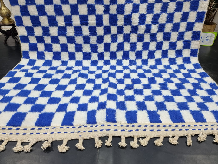 BEAUTIFUL BENIOURAIN RUG, Check Moroccan Rug, Berber Rug, Beniourain Carpet, Azilal Rug, White and Blue Rug, Checker Rug, Handwoven Carpet